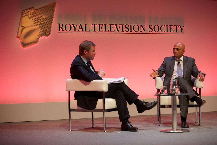Conference chair Rob Woodward teases out Sajid Javid MP's views on the BBC (Credit: Paul Hampartsoumian)