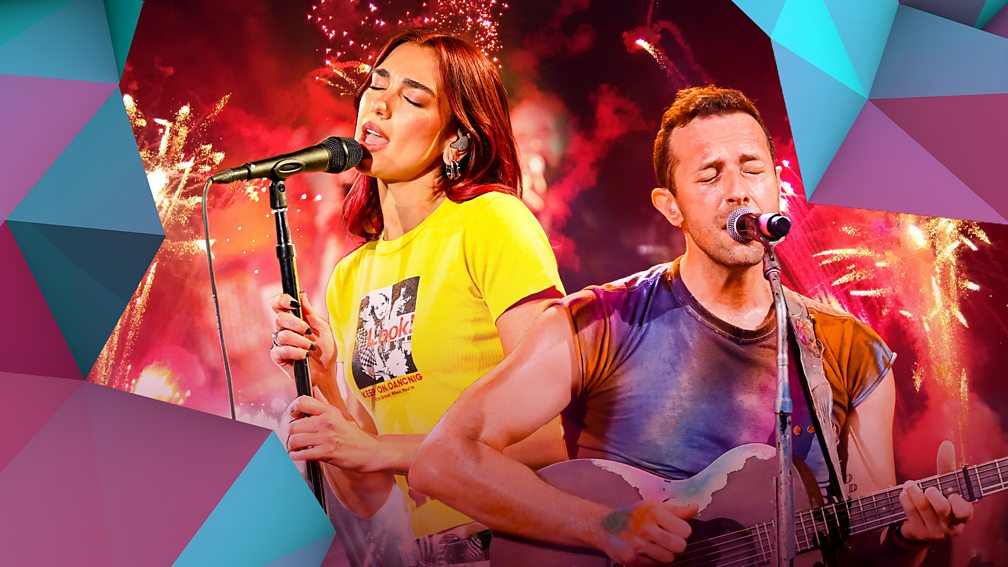 Dua Lipa singing is next to a photo of Chris Martin singing whilst playing guitar, with blue and purple diamonds superimposed on top in the corners