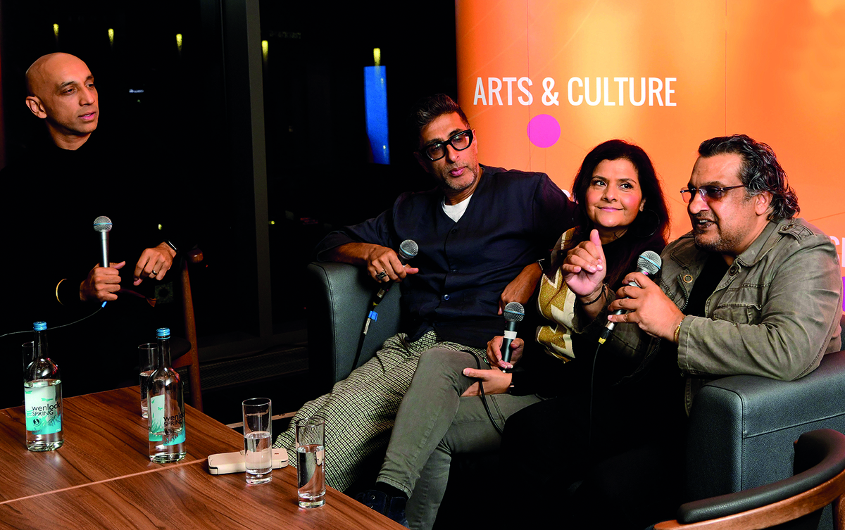 From left to right, Tommy Sandhu, Sanjeev Kohli, Nina Wadia and Kulvinder Ghir sit talking, holding microphones