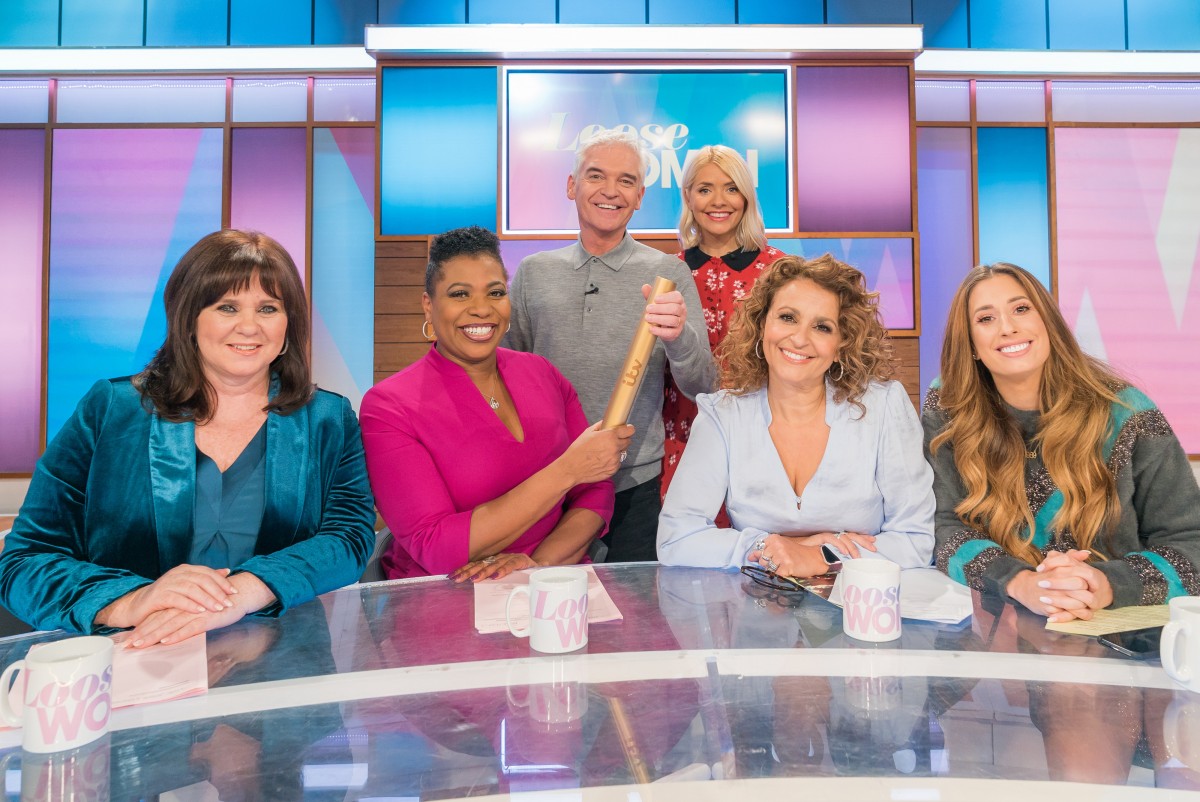 Phillip Schofield and Holly Willoughby with Coleen Nolan, Brenda Edwards, Nadia Sawalha and Stacey Solomon (Credit: ITV/David Cotter)