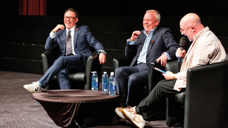 Reece Shearsmith and Steve Pemberton sit with Boyd Hilton, the three of them laughing, with Hilton holding a mic up to his mouth
