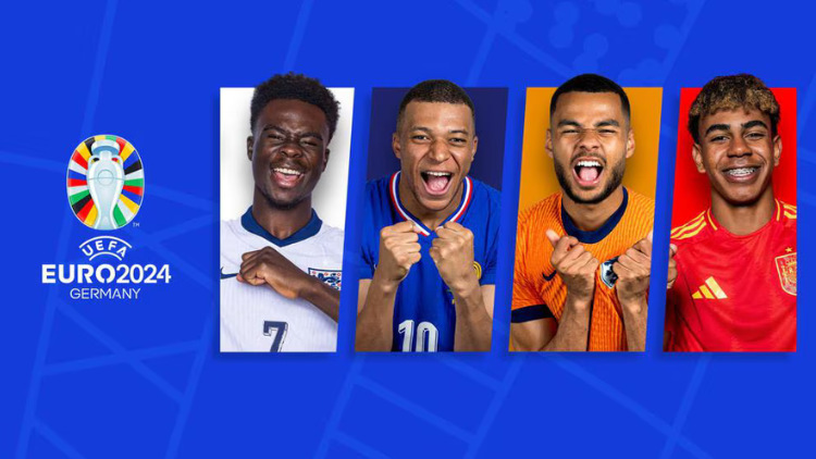 Pictures of Bukayo Saka, Kylian Mbappé, Cody Gakpo and Lamine Yamal next to the Euros 2024 logo, all against a blue backdrop