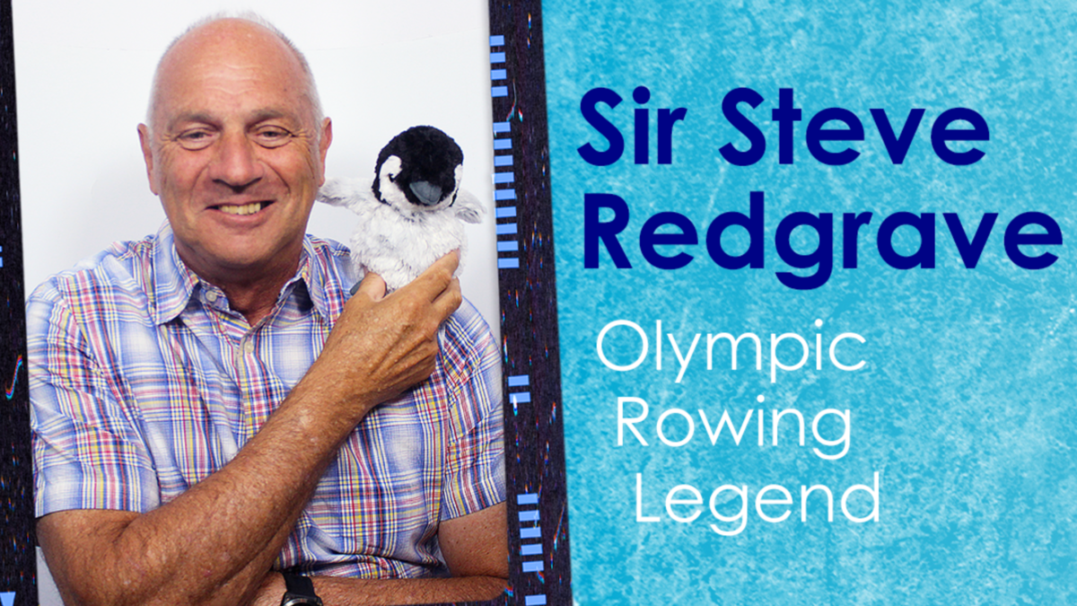 A photo of Steve Redgrave within a stylised strip of film, next to his name, under which "Olympic Rowing Legend" is written