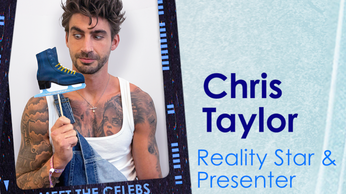 A photo of Chris Taylor within a stylised strip of film, next to his name, under which "Reality Star & Presenter" is written