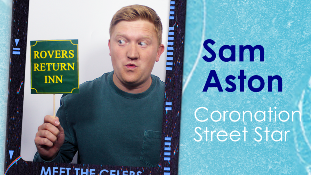 A photo of Sam Aston within a stylised strip of film, next to his name, under which "Coronation Street Star" is written