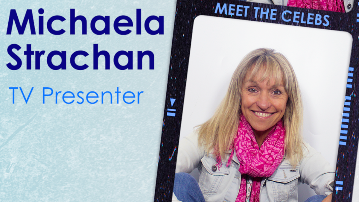 A photo of Michaela Strachan within a stylised strip of film, next to her name, under which "TV Presenter" is written