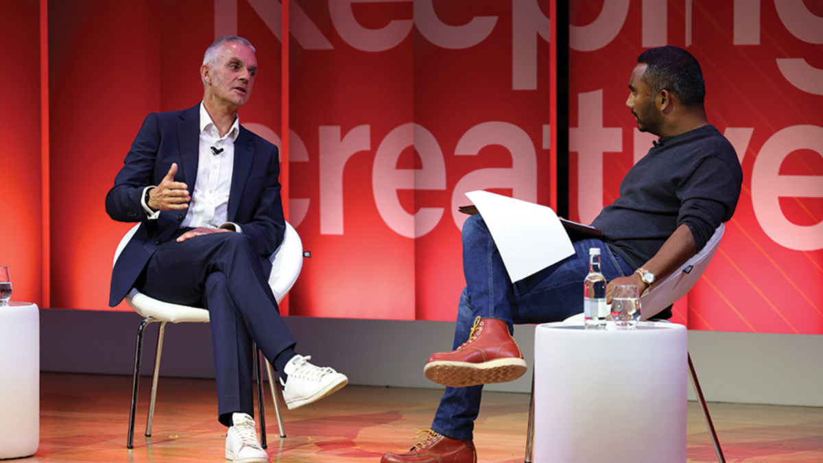 Tim Davie and Amol Rajan sit onstage at the RTS London Convention in conversation