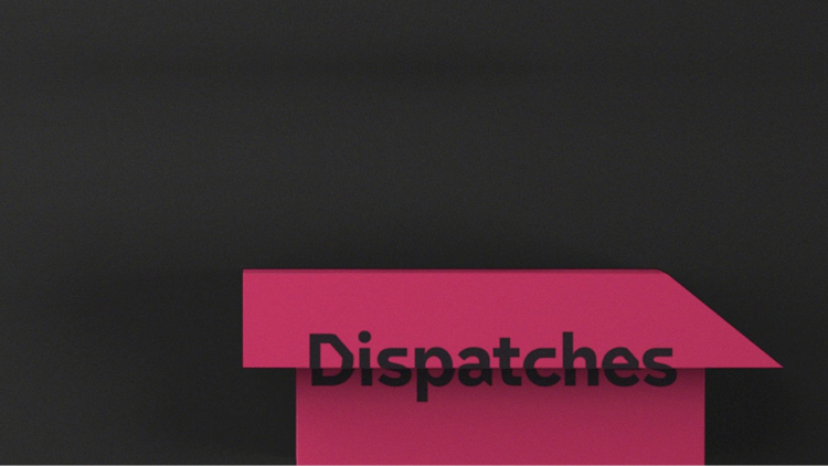 The Dispatches logo, which is pink, against a grey backdrop