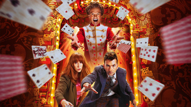 The Doctor, as played by David Tennant, looks into the camera with Donna Noble, while the Toymaker, above, flings playing cards at them and the viewer