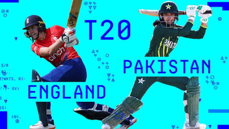 Photos of two cricketers have been cut out and put in front of blue graphics, with text reading "T20", "ENGLAND" and "PAKISTAN"