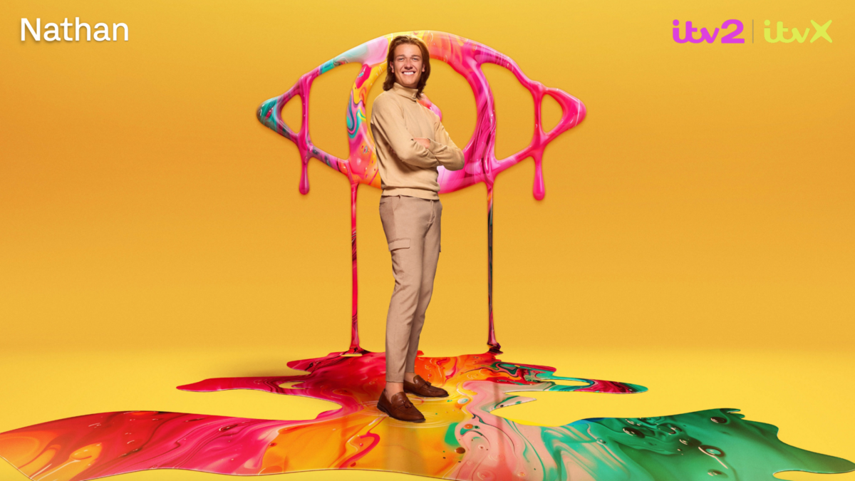 Nathan poses in front of a yellow backdrop and the Big Brother logo