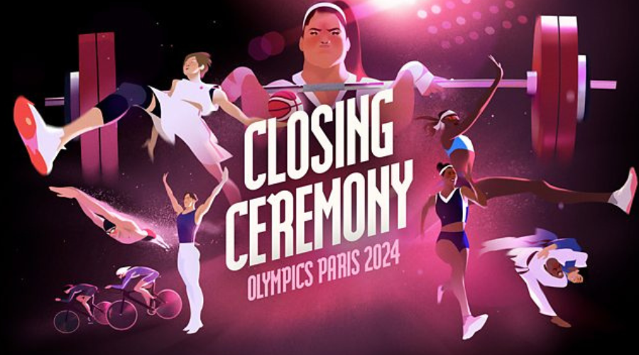 A graphic featuring drawings of athletes around the words CLOSING CEREMONY OLYMPICS PARIS 2024