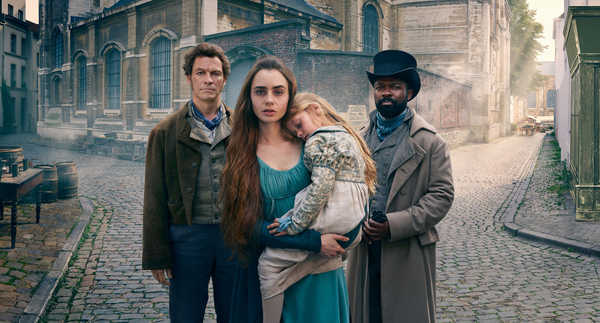Jean Valjean (Dominic West), Fantine (Lily Collins) and Javert (David Oyelowo) (Credit: BBC/Lookout Point/Mitch Jenkins)