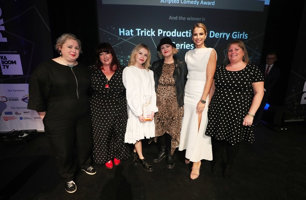  Scripted Comedy Winner - Hat Trick Productions: Derry Girls Series 2 Tara Lynne, Siobhan McSweeney, Vogue Williams, Liz Lewin, Saoirse-Monica Jackson with sponsor Sara Greenberg City Air Express.