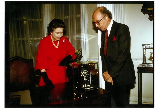 "Tony Pilgrim celebrates the Society's 60th anniversary with the Queen in 1987 "