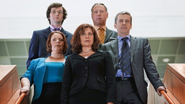 Chris Addison, James Smith, Joanna Scanlan, Rebecca Front and Peter Capaldi in The Thick of It (credit: BBC)