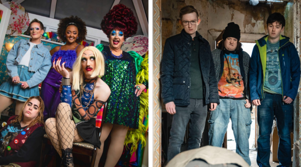 Two images. On the right-hand image, Ryan Dyland, Lee Dobbin and Rian Lennon stand in a dilapidated room, looking downwards. On the left-hand image, Elijah Young, Alexandra Mardell, Mark Benton, Phil Dunning, Patsy Lowe look into the camera