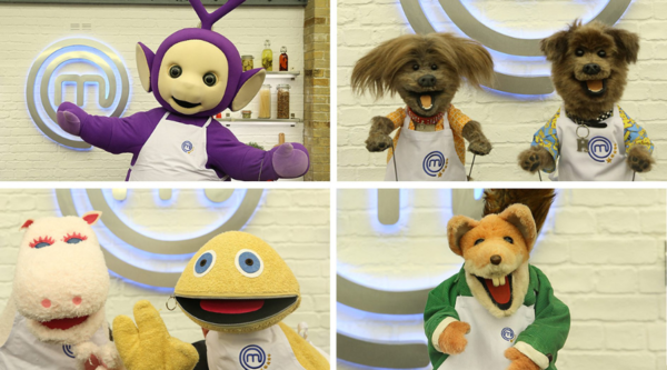 A two-by-two grid of different puppets posing in the Masterchef kitchen. From top left clockwise, they are Tinky Winky, Hacker and Dodge T Dog, Basil Brush and Zippy and George  