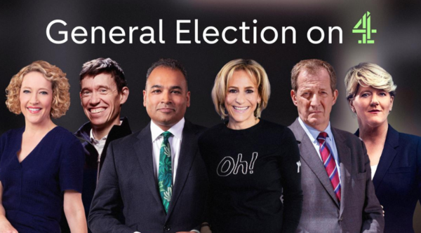 Cathy Newman, Rory Stewart, Krishnan Guru-Murthy, Emily Maitlis, Alastair Campbell and Clare Balding underneath the text 'General Election on 4'