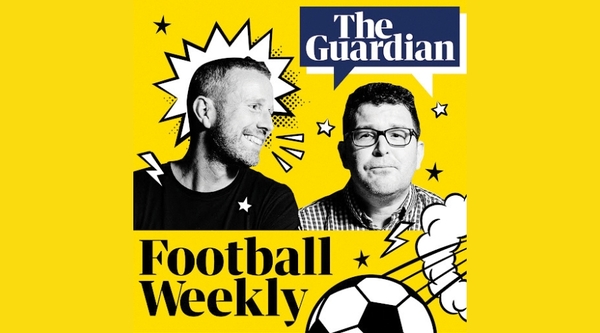 The yellow, comic book style artwork for the Guardian Football Weekly features headshots of hosts Max Rushden and Barry Glendenning