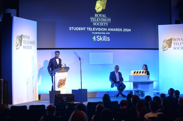 Guvna B on stage at the RTS Student Television Awards 2024