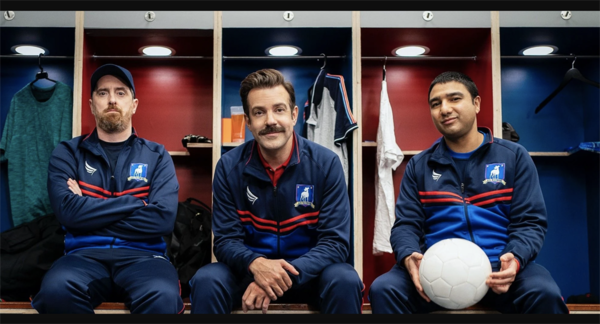 From left: coach Beard (Brendan Hunt), head coach Ted Lasso (Jason Sudeikis) and kit man Nate Shelley (Nick Mohammed) (credit: Apple TV+) 