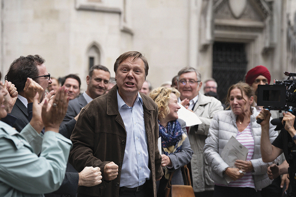 A scene of celebration outside the courts in the ITV drama Mr Bates vs the Post Office