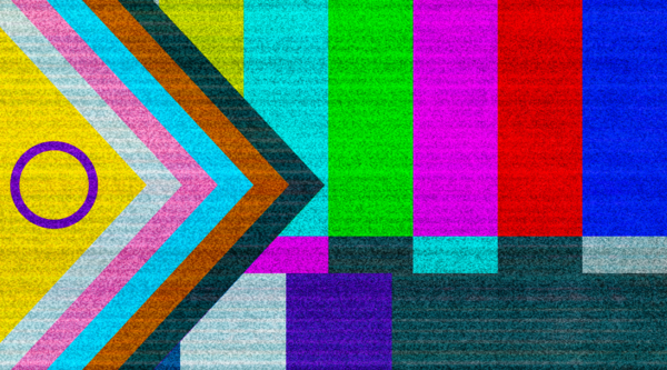 An edit of a Pride flag, where the rainbow section has been replaced with SMPTE colour bars, and static is overlaid on the image 