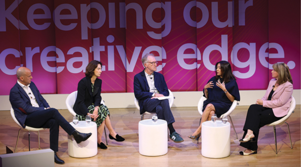 John Gapper, Cécile Frot-Coutaz, Andrew Georgiou, Nami Patel, and Sarah Rose sit onstage at the RTS London Convention, engaged in conversation