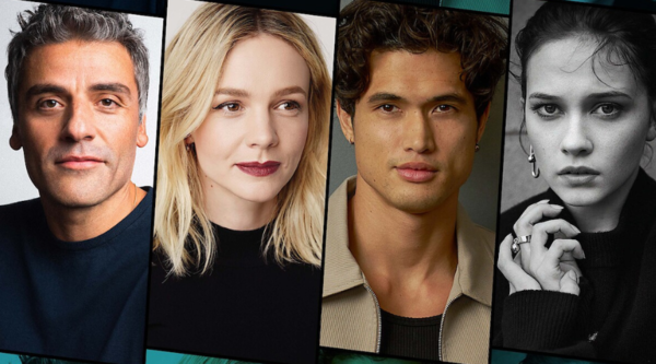 Headshots of Oscar Isaac, Carey Mulligan, Charles Melton and Cailee Spaeny, tilted slightly against a black backdrop 