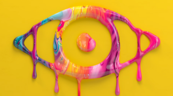 The Big Brother logo, made up of dripping multicoloured paint, against a yellow backdrop