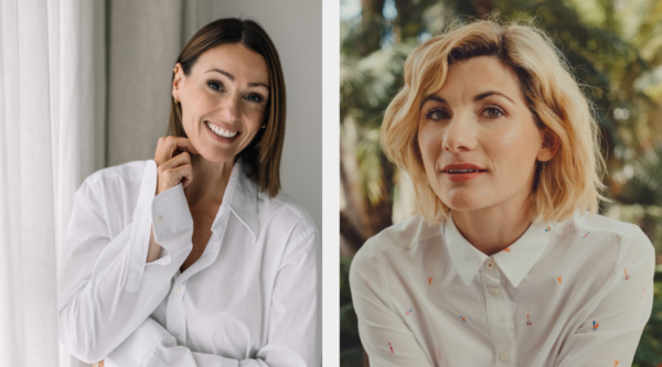 A photo of Suranne Jones next to a photo of Jodie Whittaker, both wearing white shirts. Jones smiles, whereas Whittaker has her mouth slightly open and looks into the camera enigmatically 