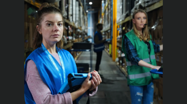 two women in high vis jackets stood near industrial shelving