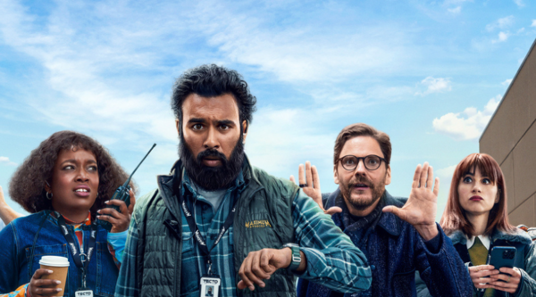 Lolly Adefope, Himesh Patel, Daniel Brühl and Aya Cash strike poses in front of a blue sky