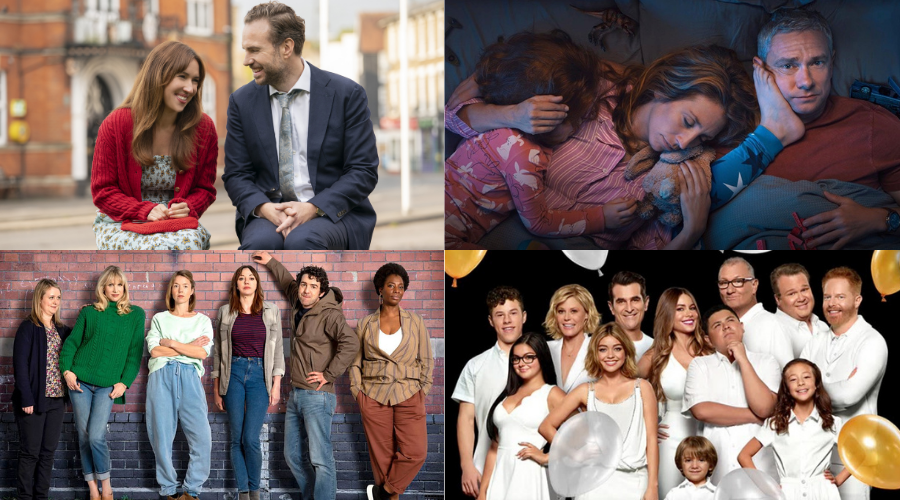 Clockwise L-R: Trying (Credit: Apple TV), Breeders (Credit: Sky), Modern Family (Credit: Sky), Motherland (Credit: BBC)