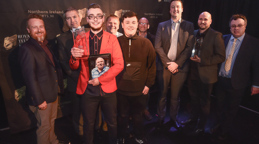 Animation Award Winners: Belfast Metropolitan College’s Vito the Clown, Gavin O’Connor Clarke, Sean Burns and Conor McAllister with Gareth Graham from Performance Film and Media who sponsored the award, Dr Stephen Farry, MLA and tutors from Belfast Metrop