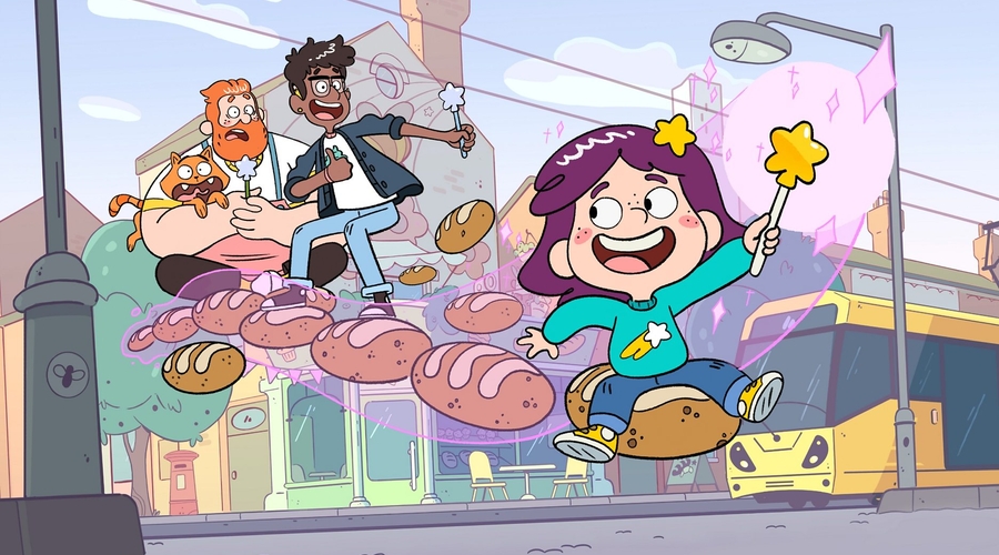 In a still from an animated TV show, a seven-year-old girl sits on the first of a procession of floating bread rolls. She holds a magic wand and looks behind her shoulder excitedly at her two dads