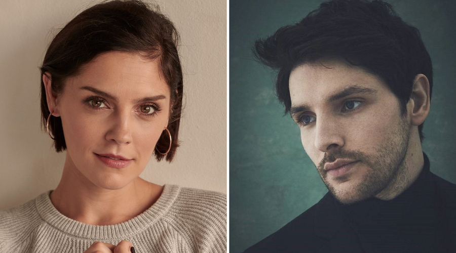 A headshot of Annabel Scholey in front of a beige background is to the left of a headshot of Colin Morgan in front of a murky dark-green background 
