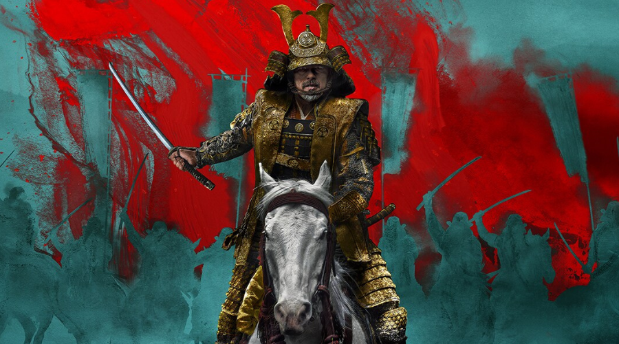 A Shogun rides on horseback with red paint strokes superimposed behind him. Men ride on horseback behind him, silhouetted in green