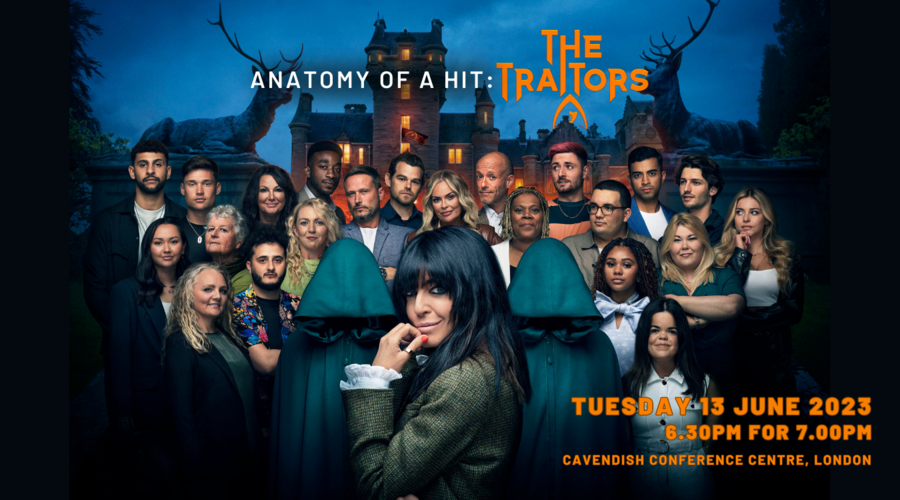 Claudia Winkleman stands in front of the group of contestants for The Traitors