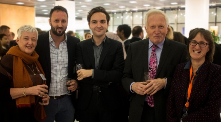 Left to right: Trustees Wendy Wilson & Paul Harrison, Sky News' Political Corrospondent, Lewis Goodall, David Dimbleby and trust founder, Susie Schofield (Credit: Emily Freya)