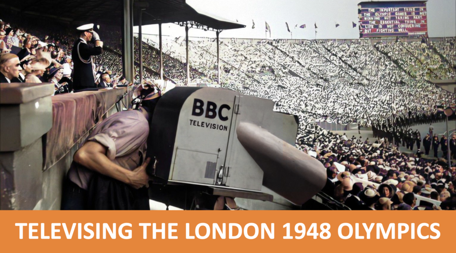 Retro photograph of a BBC camera filming the 1948 Olympics inside the stadium