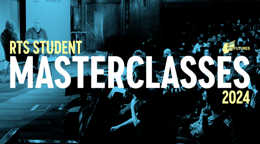 Two people talk in front of a captive audience, in a photo that has been edited to look black and blue. Text is overlaid on the image, reading "RTS Student Masterclasses 2024", with the RTS Futures logo also overlaid