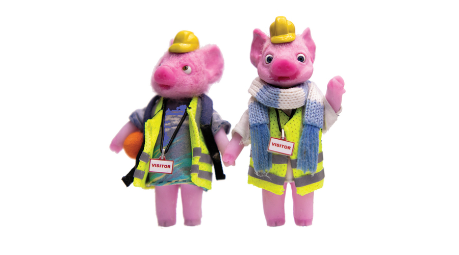 Two model pigs wearing hi-vis jacket, helmets and visitor passes hold hands, while the one waves down the lens