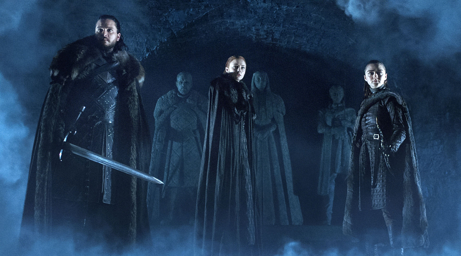 Jon Snow (Kit Harrington), Sansa Stark (Sophie Turner) and Arya Stark (Maisie Williams) (Credit: HBO)