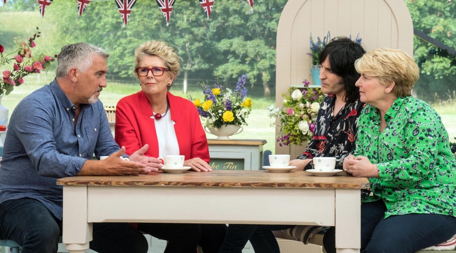 Paul Hollywood, Sandi Toksvig, Noel Fielding and Prue Leith in the rebooted Bake-off (Credit; Mark Bourdillon, Channel 4 Television)