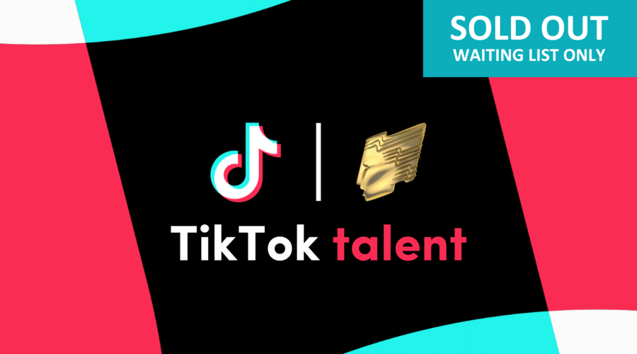 The TikTok logo against a black, blue, red and white geometric background with the word's 'TikTok talent" below the logo