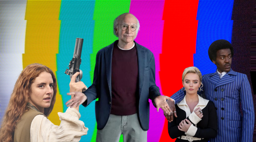 Louisa Harland in Renegade Nell, Larry David from Curb Your Enthusiasm and Ncuti Gatwa and Millie Gibson in Doctor Who over a multicoloured TV screen backdrop 