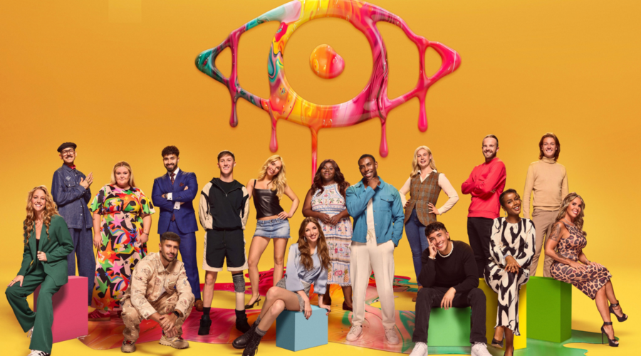 The contestants for the latest series of Big Brother pose together in an ensemble photo in front of a yellow backdrop, the logo for the show superimposed above them