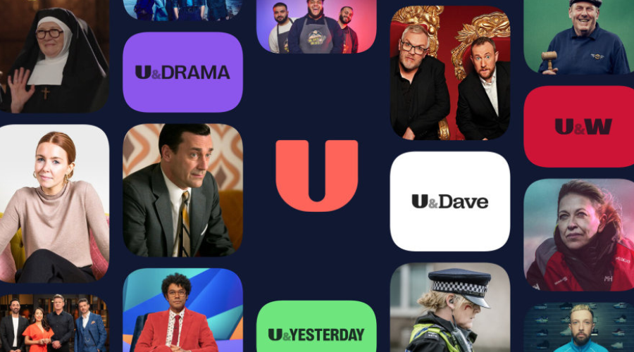 Boxes showing stills from different TV shows surround the logos for U, U&Drama, U&Yesterday, U&Dave and U&W